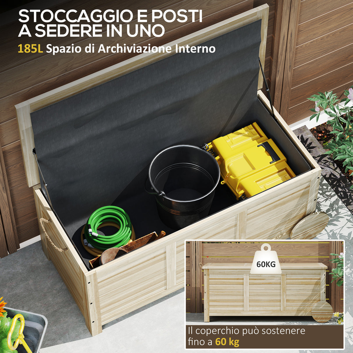 easycomfort easycomfort baule da esterno 185l a 2 ruote con telo interno e coperchio in legno di abete 110x50x50 cm color legno
