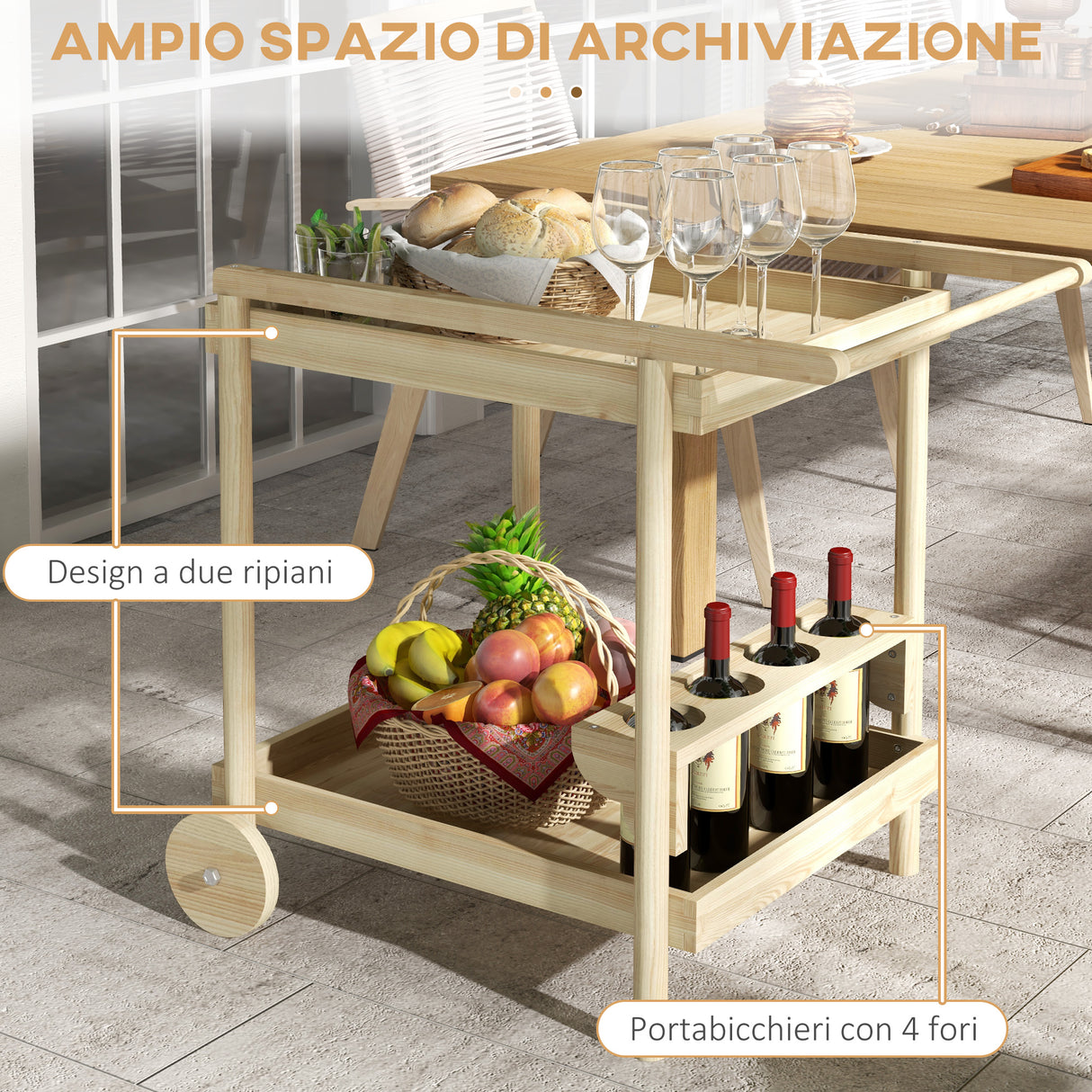 easycomfort easycomfort carrello da giardino a 2 ripiani e 4 spazi portabottiglie in legno di abete 78x58 5x75 cm