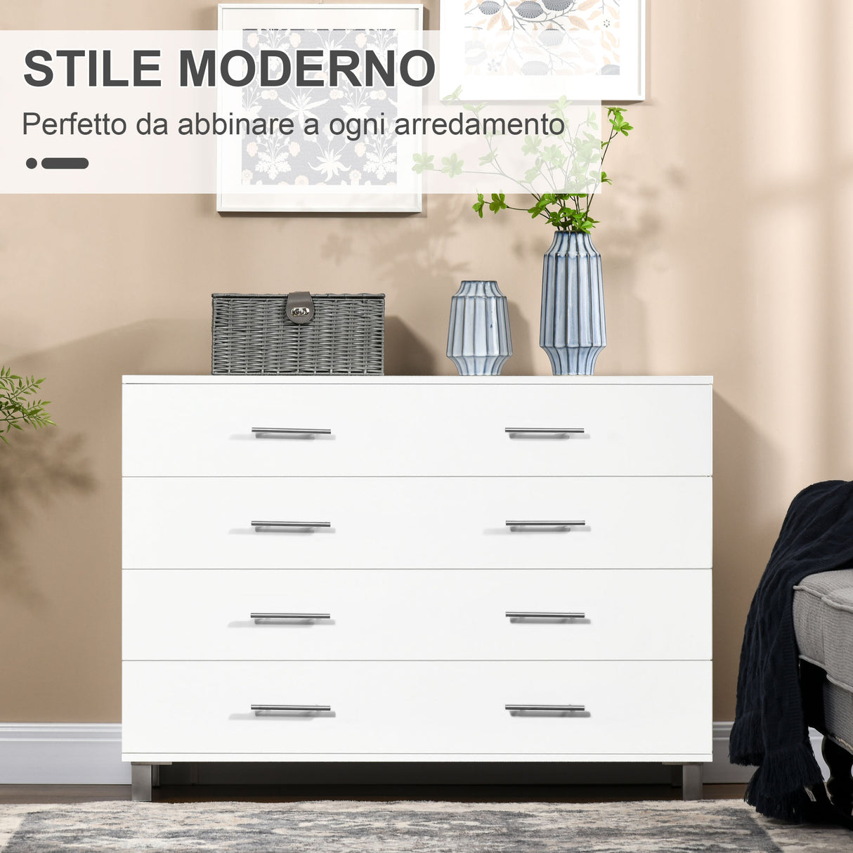 easycomfort easycomfort cassettiera 4 cassetti per camera da letto in legno con maniglie in metallo bianco