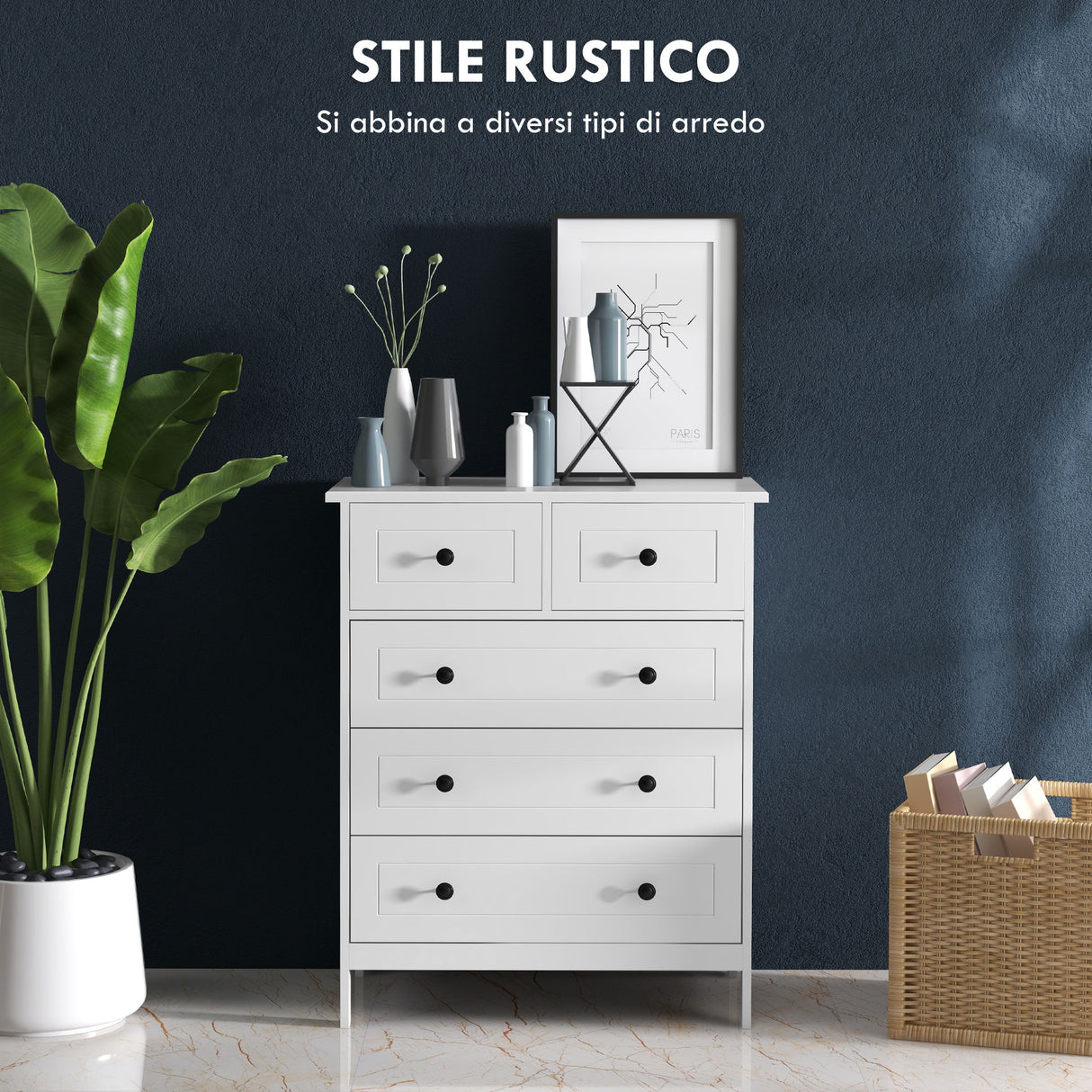 easycomfort easycomfort cassettiera con 5 cassetti in legno salvaspazio e antiribaltamento 74x40x91cm bianco
