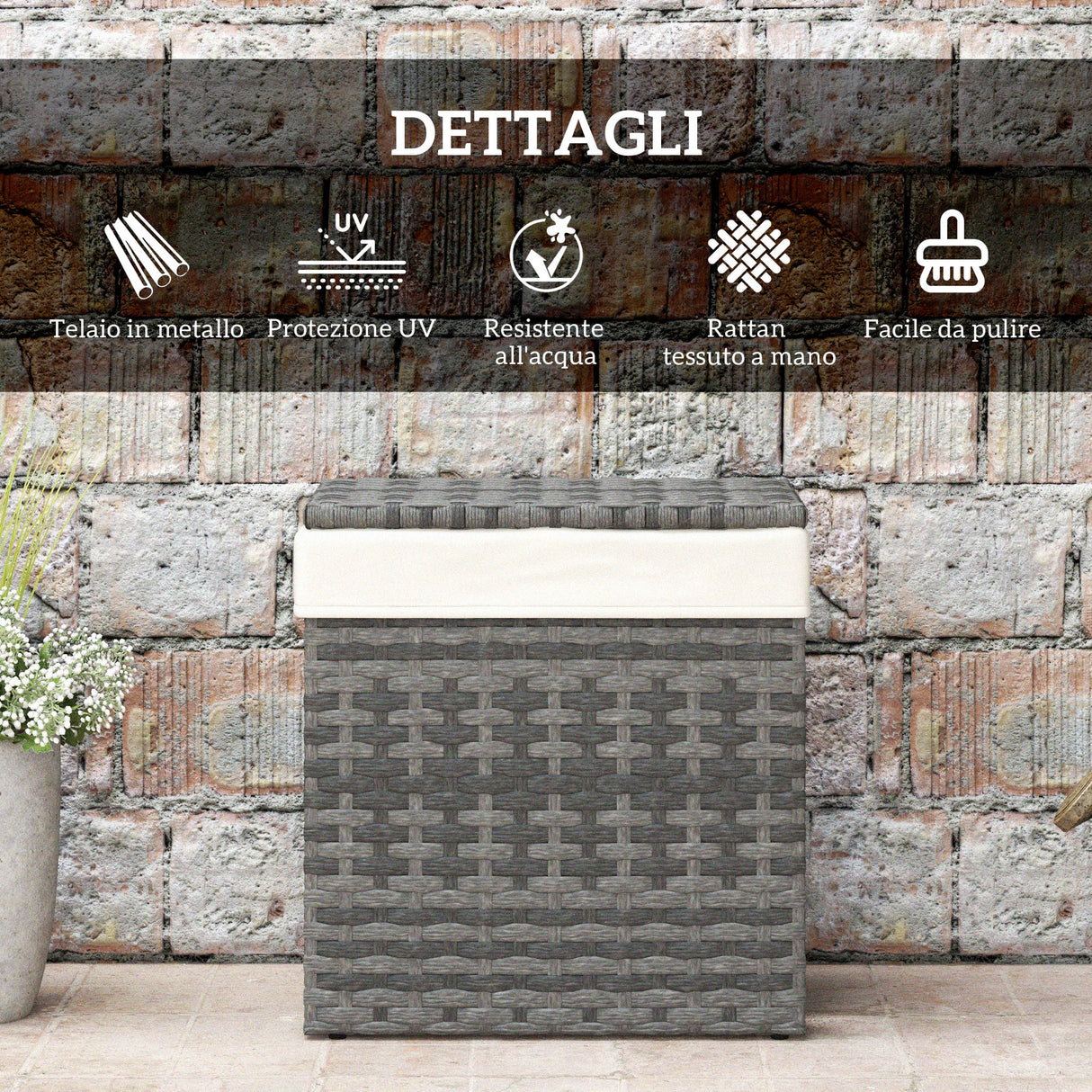 easycomfort easycomfort cesta contenitore da giardino e casa in rattan con tessuto interno 57x34x62cm grigio