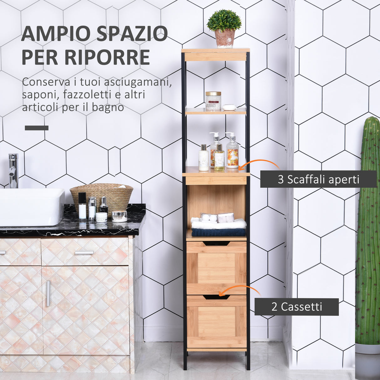 easycomfort easycomfort colonna bagno con 2 cassetti e 3 vani aperti in legno mdf e bambu 30x30x144 3 cm