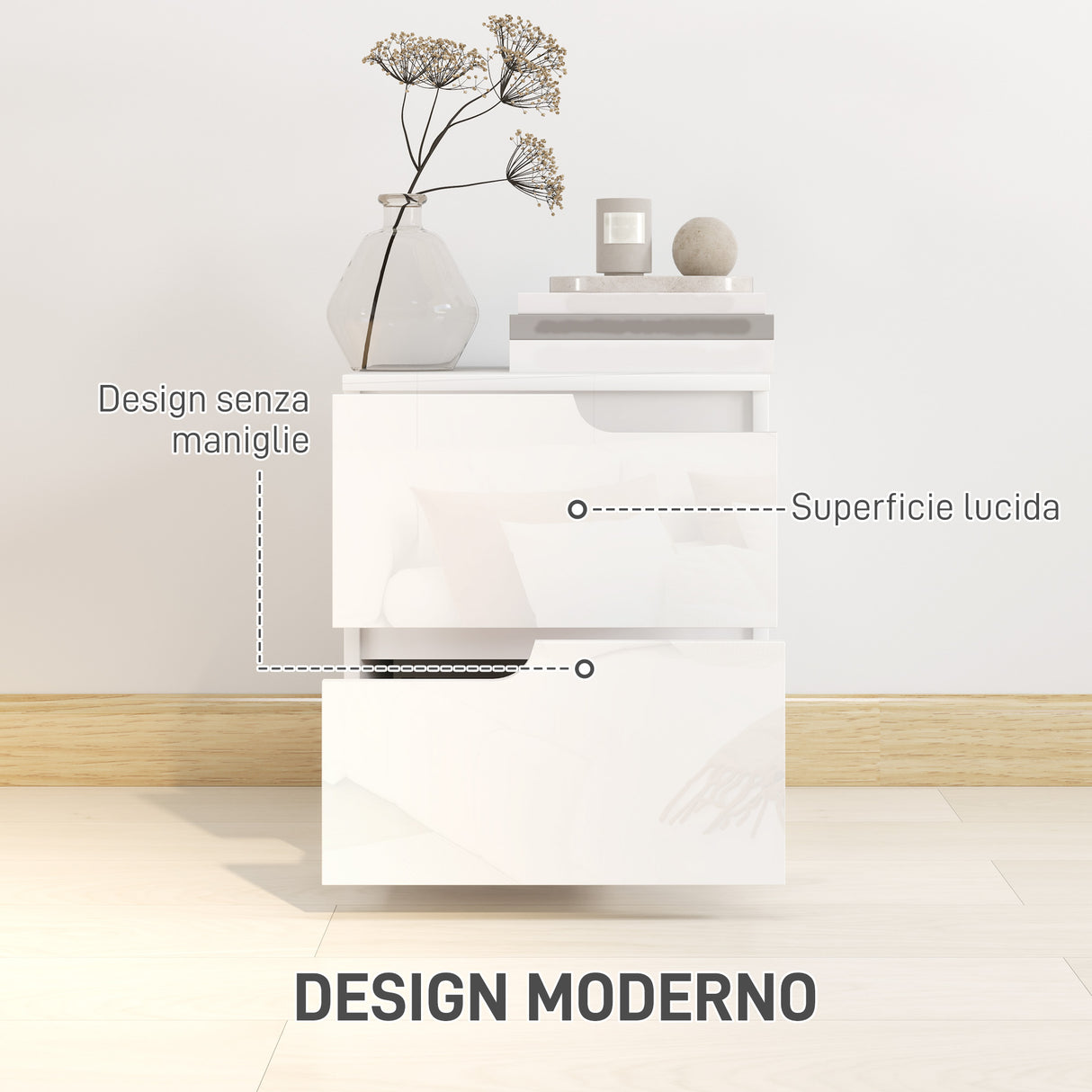 easycomfort easycomfort comodino moderno in legno con 2 cassetti e design lucido 40x40x48 cm bianco
