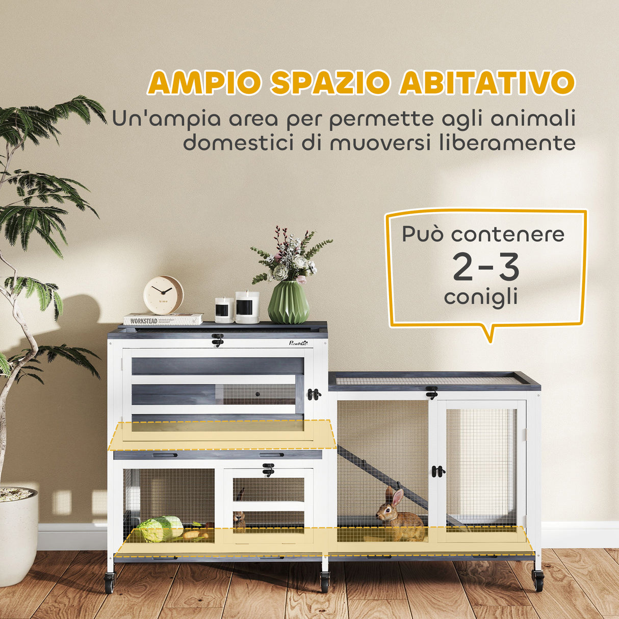 easycomfort easycomfort conigliera a 2 livelli con rampa e 3 vassoi in legno di abete e acciaio 147x45x89 5 cm grigio e bianco