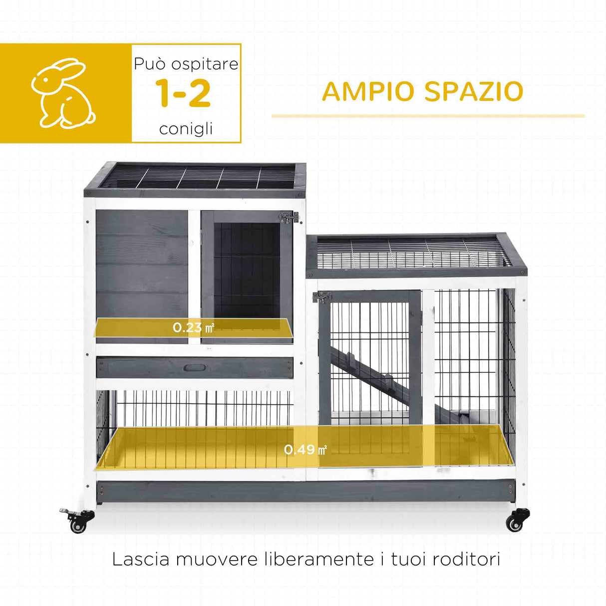 easycomfort easycomfort conigliera in legno con ruote vassoi estraibili e casetta con rampa 110x50x88 cm grigio e bianco