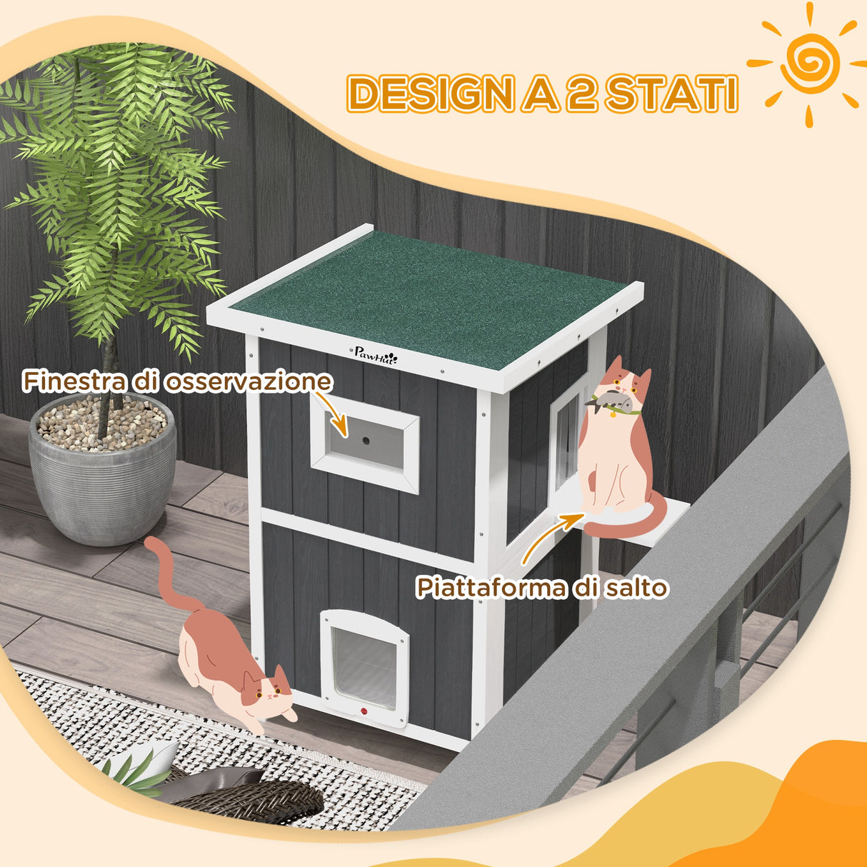easycomfort easycomfort cuccia per gatti da esterno in legno a 2 livelli con tetto in asfalto e 4 porte 60x60x90 5cm grigio