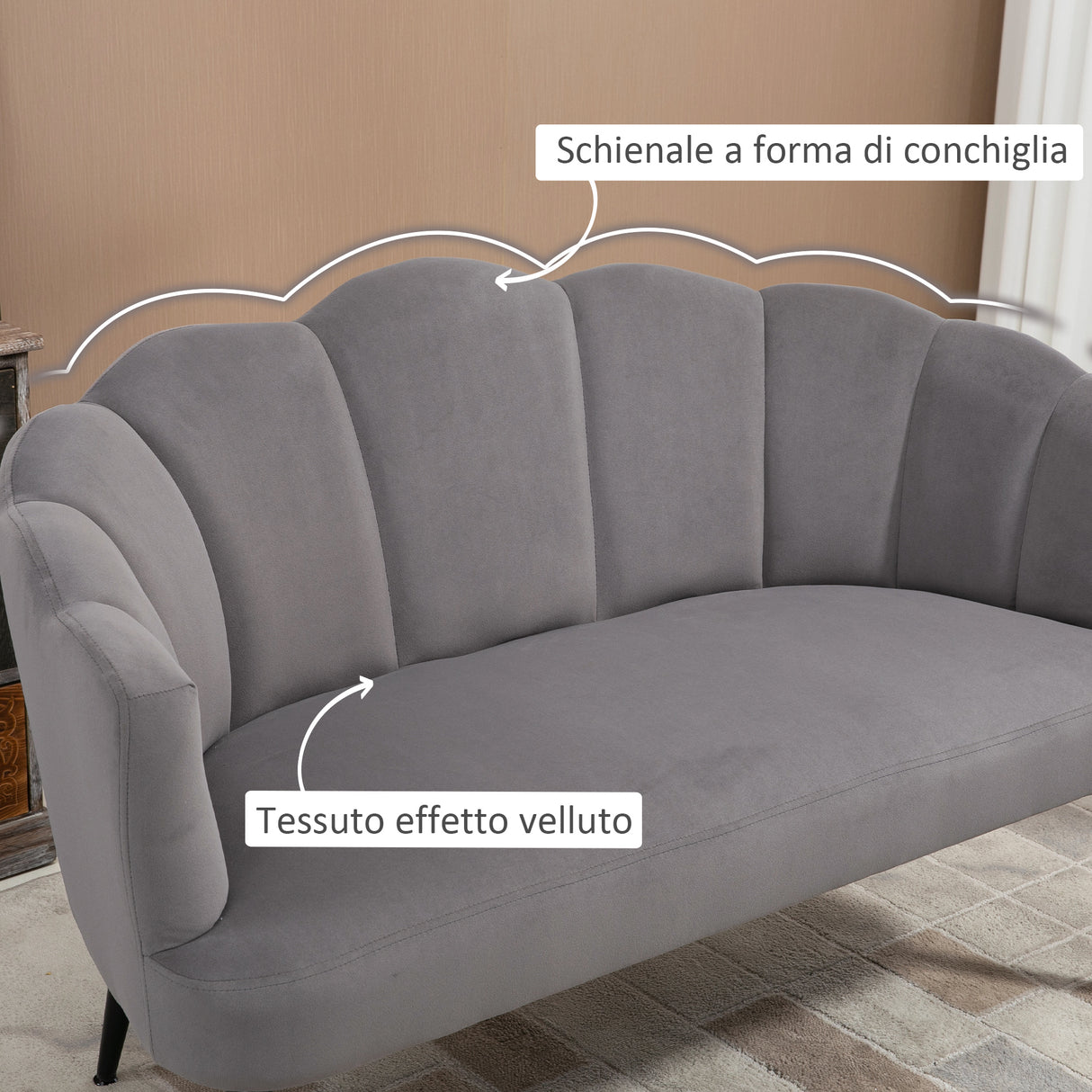easycomfort easycomfort divano 2 posti in velluto con gambe in metallo e schienale a conchiglia 132x66x80cm grigio