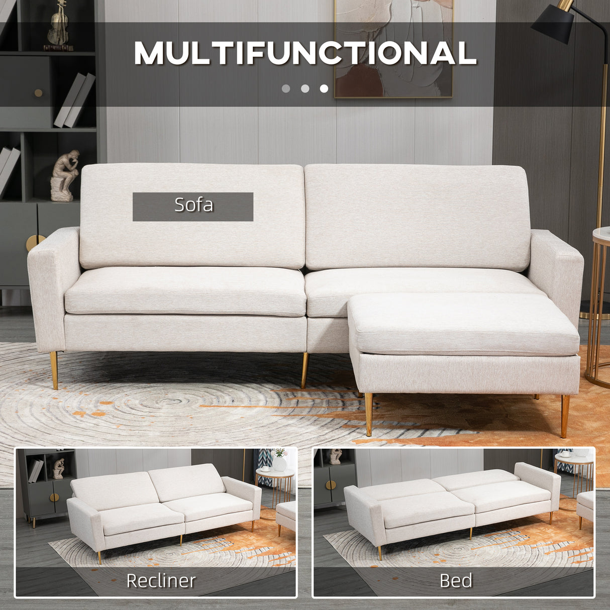 easycomfort easycomfort divano letto 3 posti in tessuto con poggiapiedi e schienale a 5 reclinazioni 213x91x83cm crema