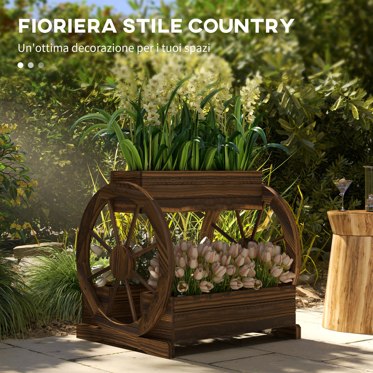 easycomfort easycomfort fioriera in legno da esterno a 2 livelli con 3 vasi e ruote di carro stile country 64x54x60cm