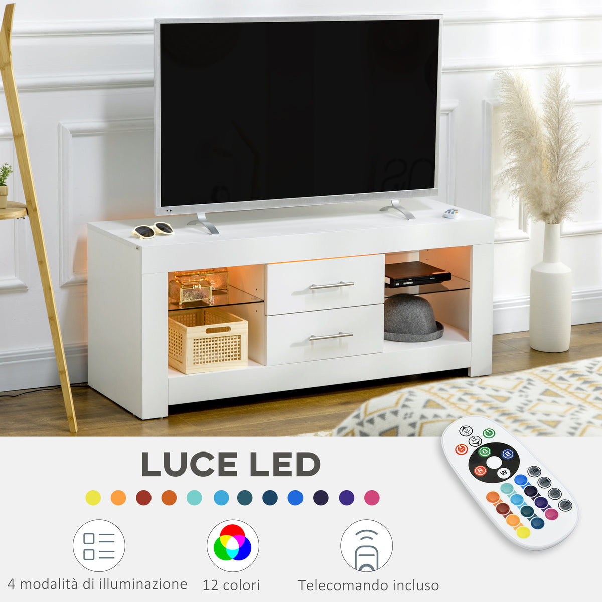 easycomfort easycomfort mobile porta tv da 55 con luci led a 12 colori e telecomando legno e vetro 120x40x50cm bianco