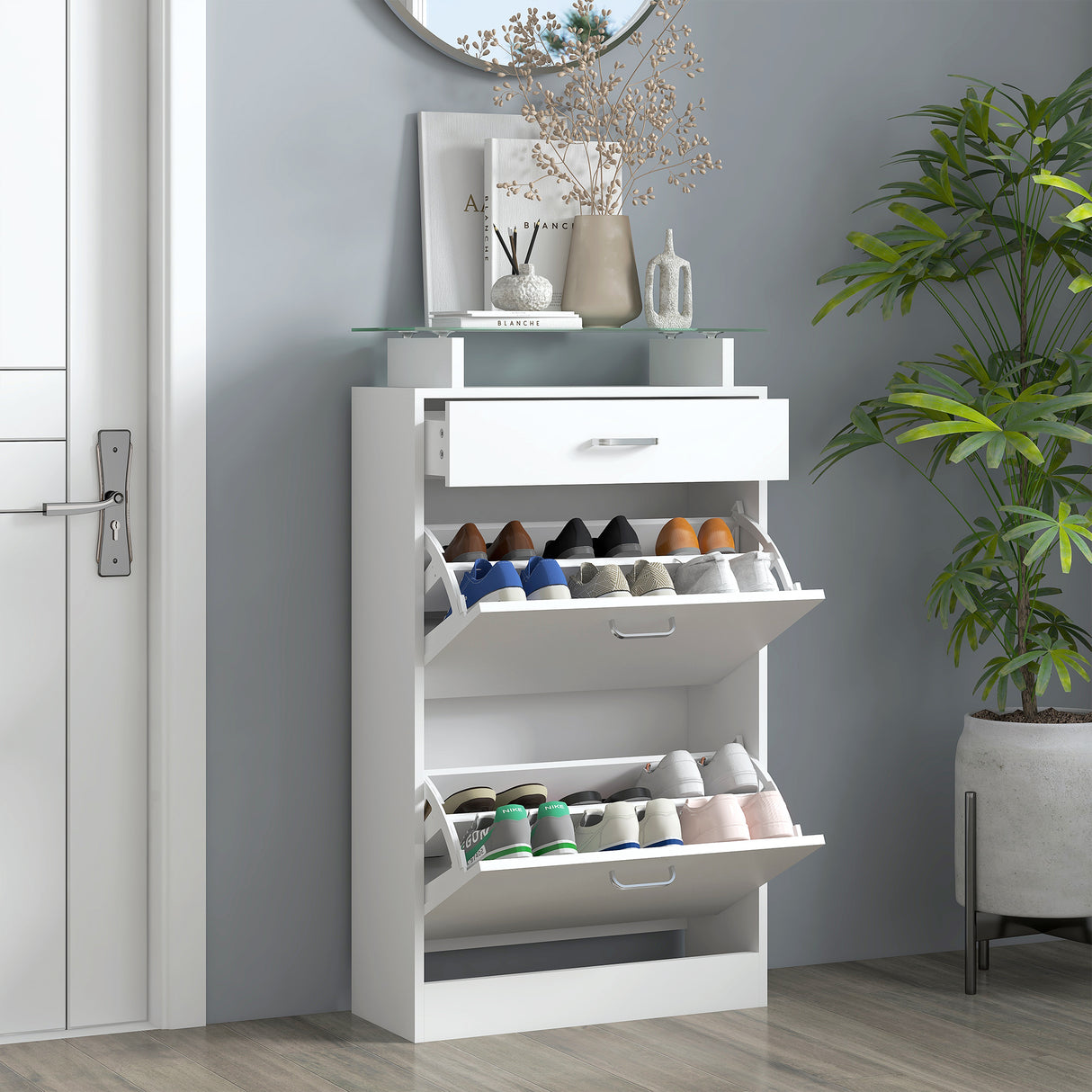 easycomfort easycomfort mobile scarpiera in legno con 2 ante a 2 livelli cassetto e ripiano in vetro 60x24x105 5 cm bianco
