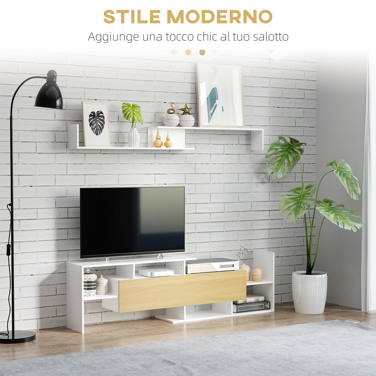 easycomfort easycomfort mobile tv con mensola a muro ripiani aperti e armadietto in legno bianco e legno naturale