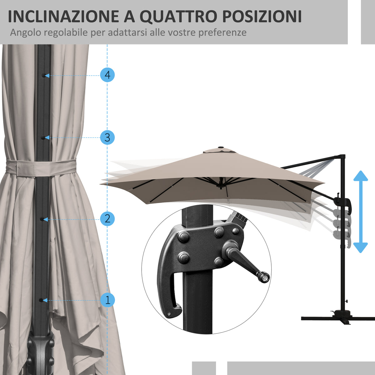 easycomfort easycomfort ombrellone 3x3 m a braccio con 8 stecche pedale e manovella in alluminio e poliestere color khaki