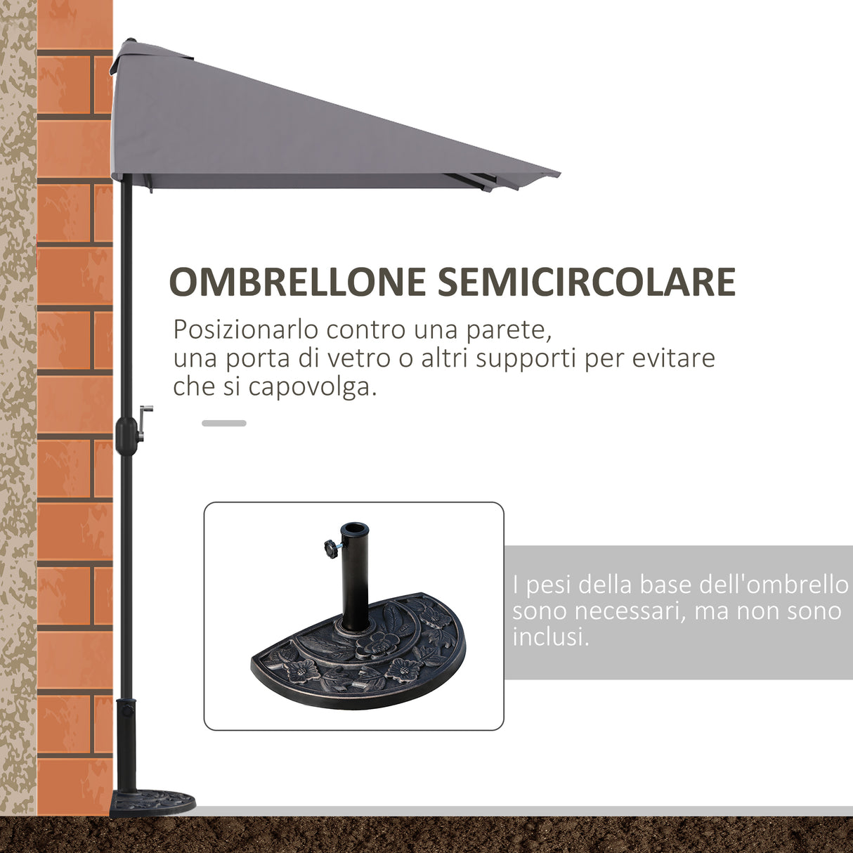 easycomfort easycomfort ombrellone da parete mezzaluna salvaspazio con apertura a manovella grigio