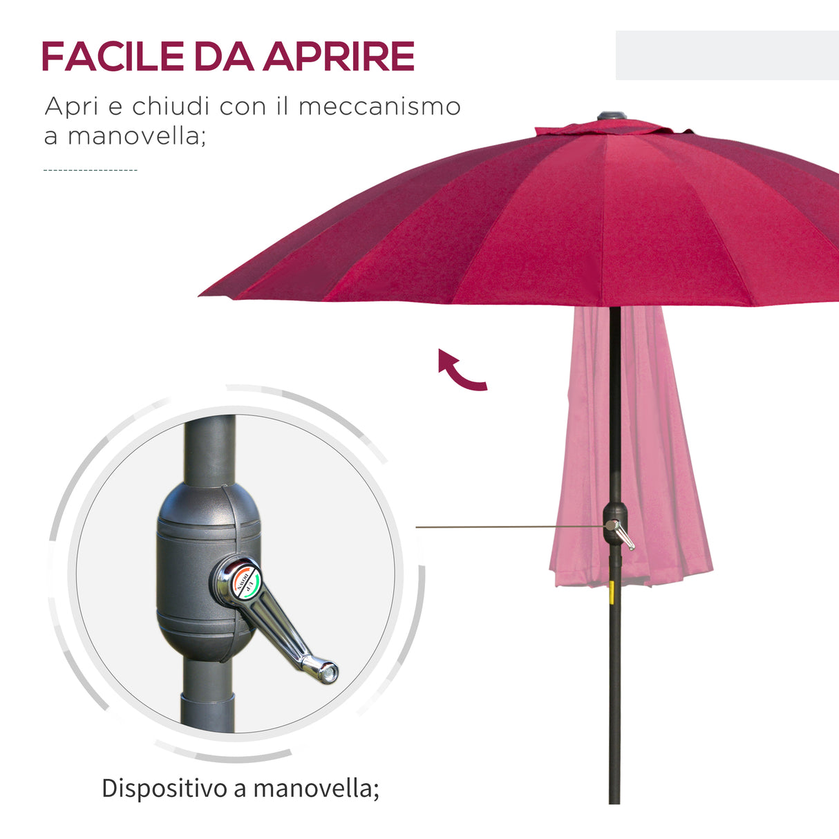 easycomfort easycomfort ombrellone rotondo pieghevole a 18 stecche con manovella in metallo e poliestere 250x240 cm rosso vino