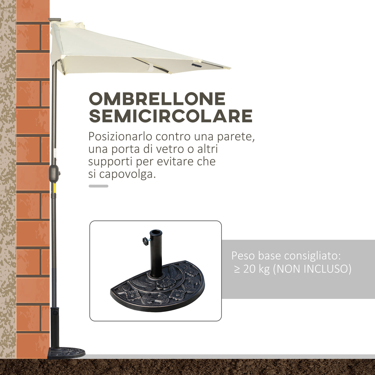 easycomfort easycomfort ombrellone semicircolare con manovella 20 luci led e pannello solare 265x135x240 cm beige
