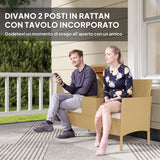 easycomfort easycomfort panca da giardino con tavolino a ribalta portaoggetti in rattan e acciaio 134x58x82 cm crema e cachi