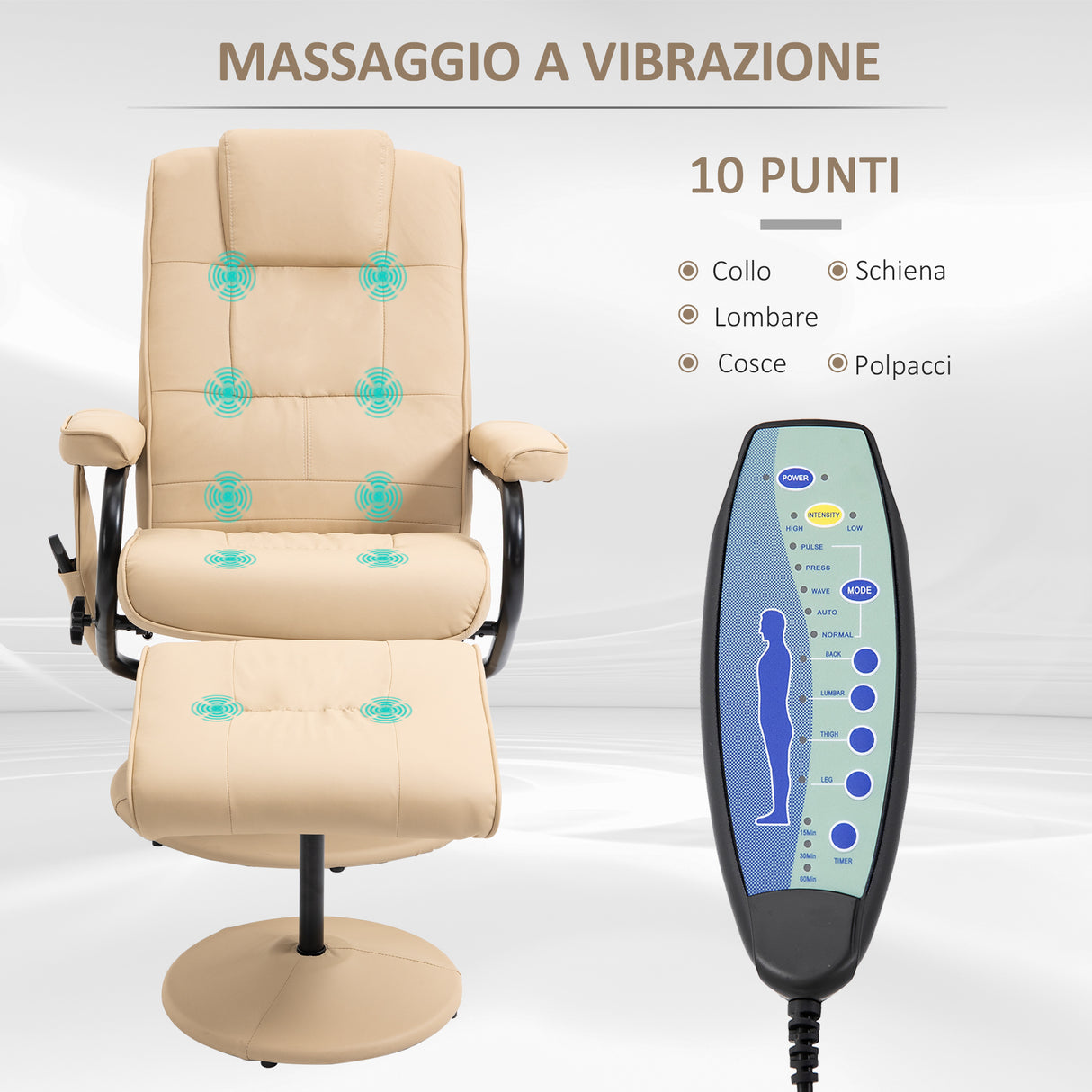 easycomfort easycomfort poltrona relax con pouf poggiapiedi reclinabile a 145 con 10 punti massaggio e telecomando in finta pelle crema