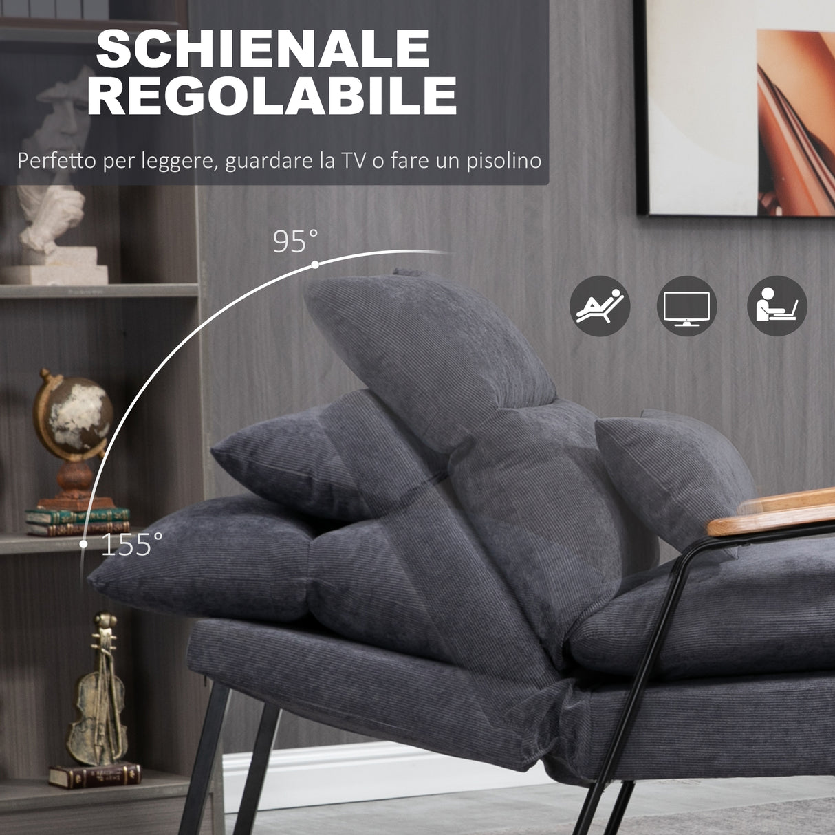 easycomfort easycomfort poltrona relax reclinabile con pouf poggiapiedi in velluto a costine grigio