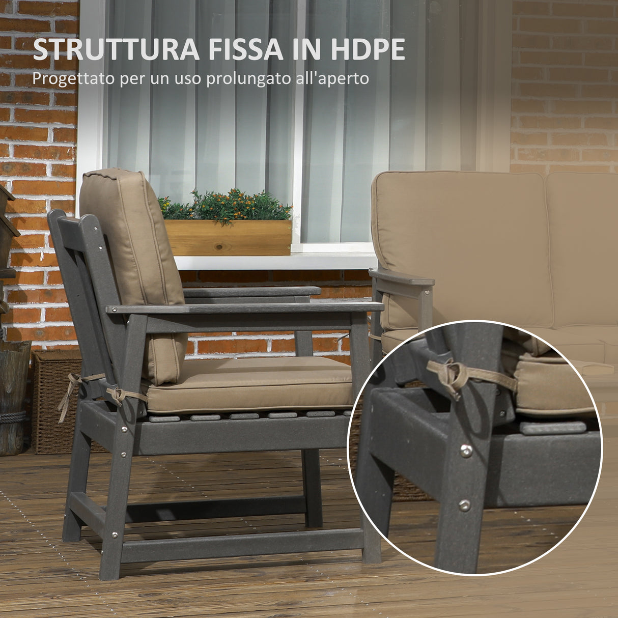easycomfort easycomfort salotto da giardino con divanetto 2 poltrone e tavolino in hdpe con cuscini grigio scuro