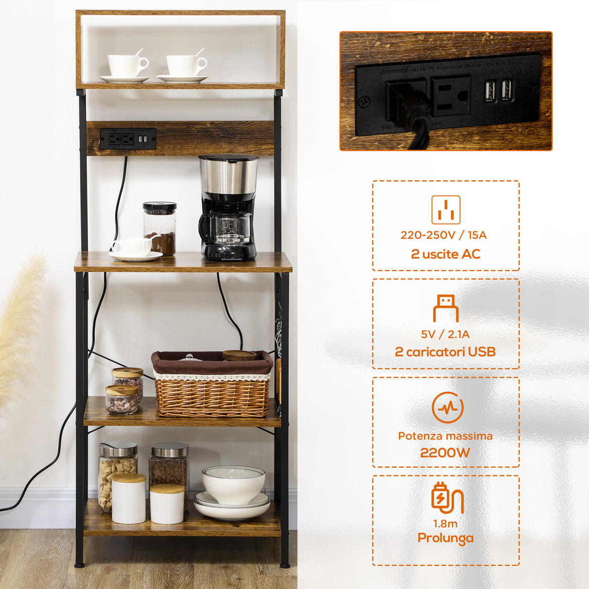 easycomfort easycomfort scaffale cucina con multipresa ripiani e ganci stile industriale 60x42x153cm marrone