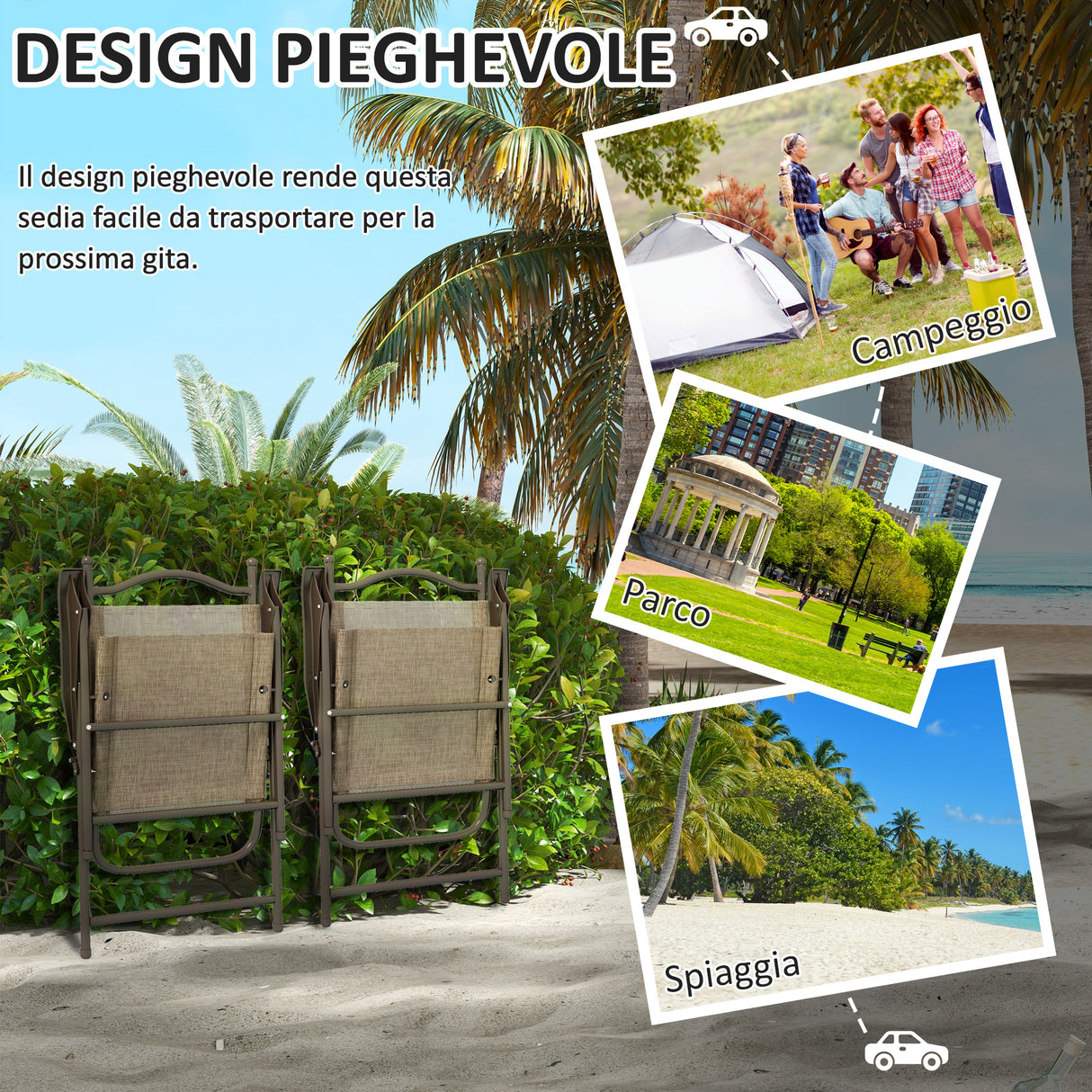easycomfort easycomfort set 2 sedie pieghevoli da giardino con braccioli e seduta in tessuto traspirante marrone