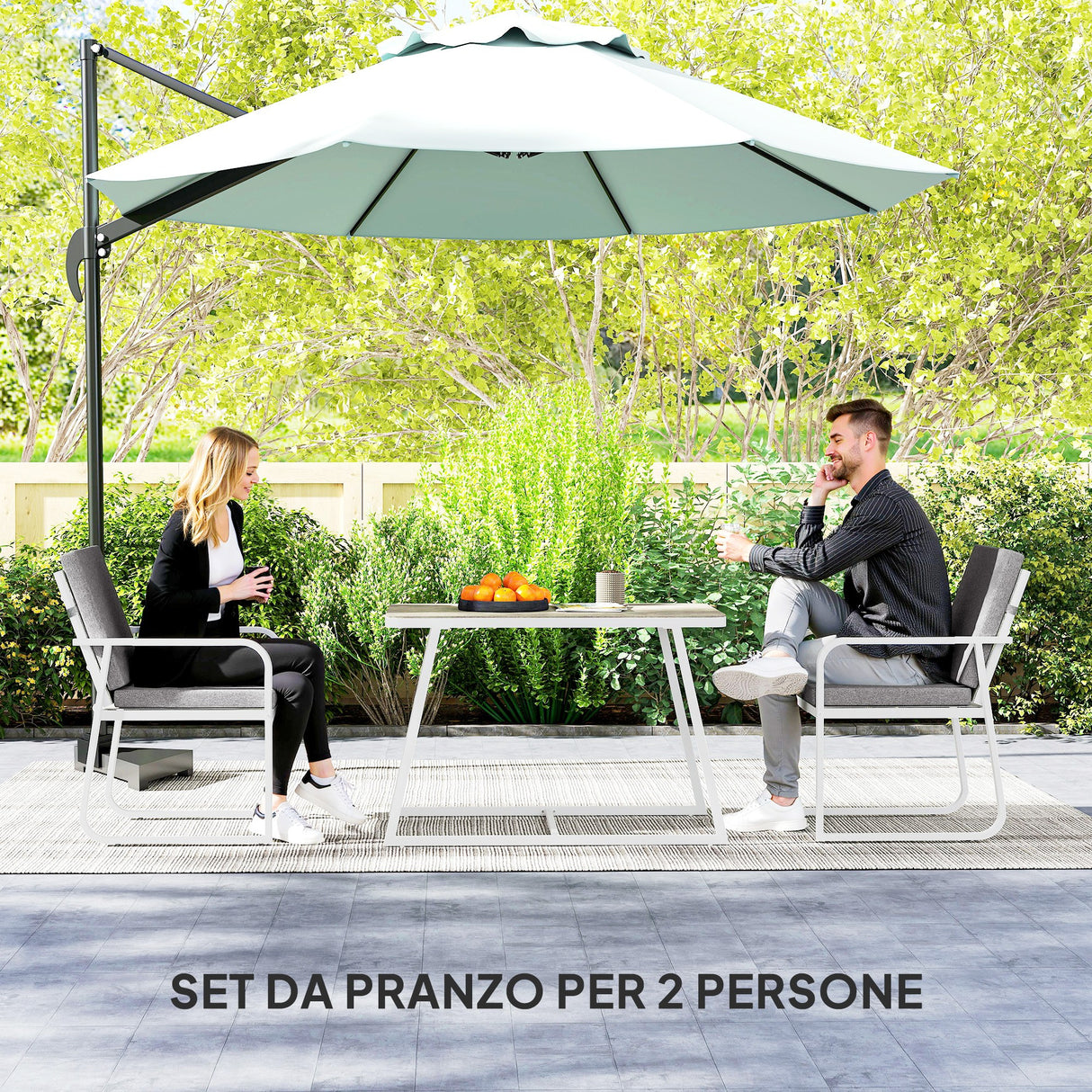 easycomfort easycomfort set da esterno 3 pezzi con 2 sedie con braccioli e cuscini e tavolo con piano in vetro bianco