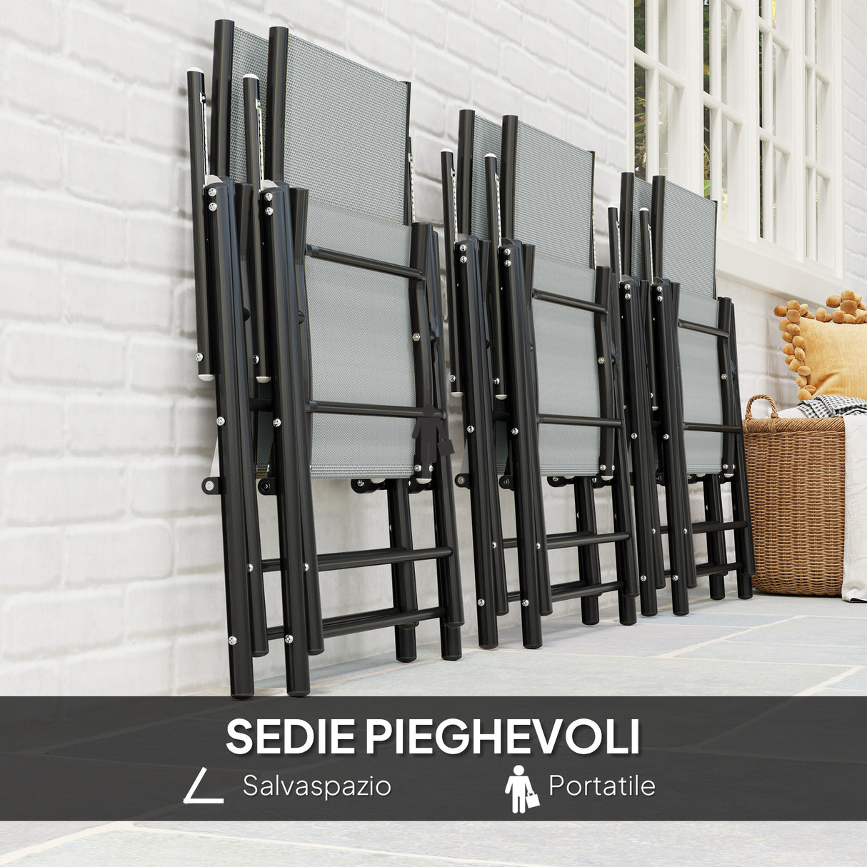 easycomfort easycomfort set da giardino 7 pezzi con tavolo da pranzo con foro per ombrellone e 6 sedie pieghevoli grigio