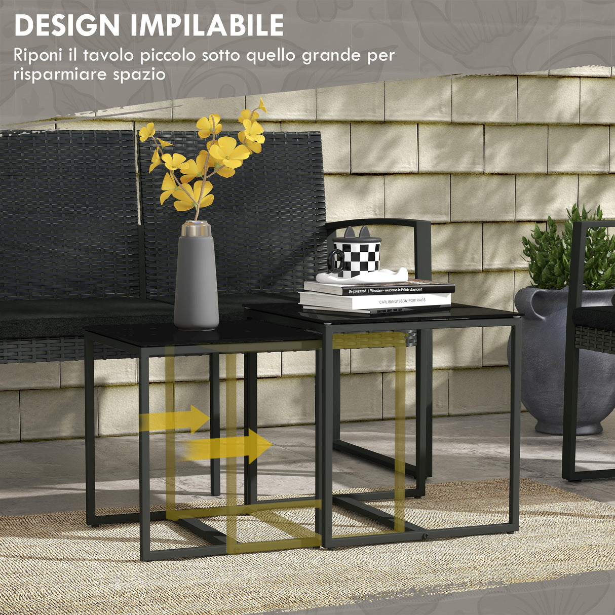 easycomfort easycomfort set da giardino con 2 sedie divanetto e 2 tavolini con cuscini e piano in vetro nero