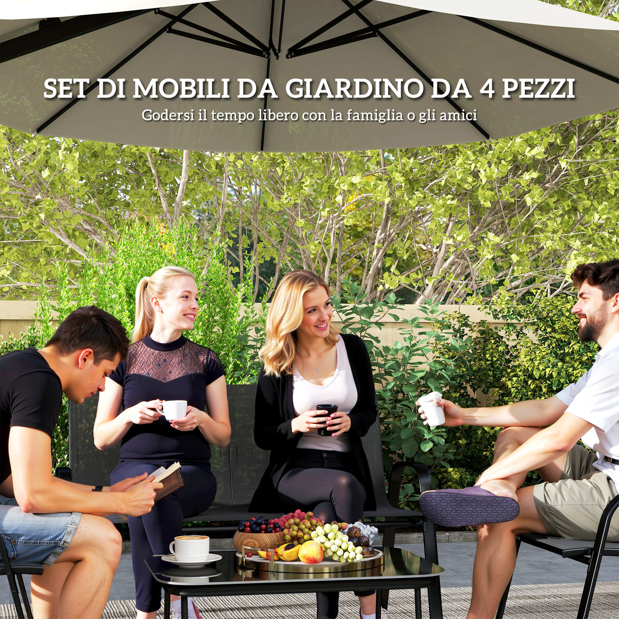 easycomfort easycomfort set da giardino con divano 2 posti 2 poltrone impilabili e tavolino in vetro nero