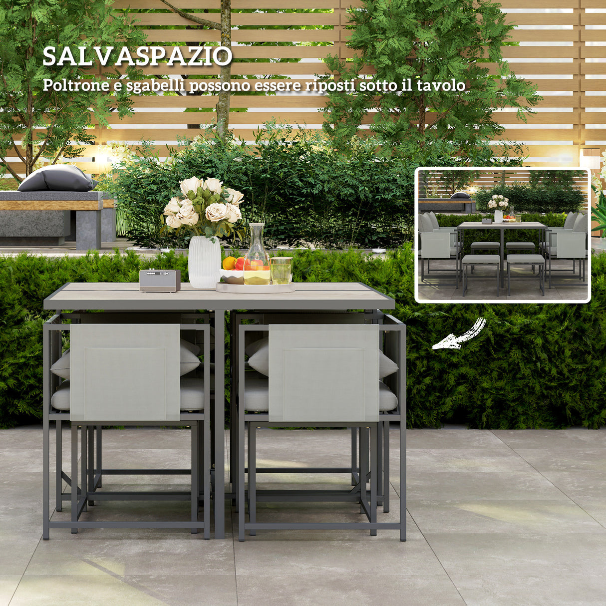 easycomfort easycomfort set mobili da giardino con tavolo da pranzo 4 sedie da esterno e 4 sgabelli poggiapiedi grigio