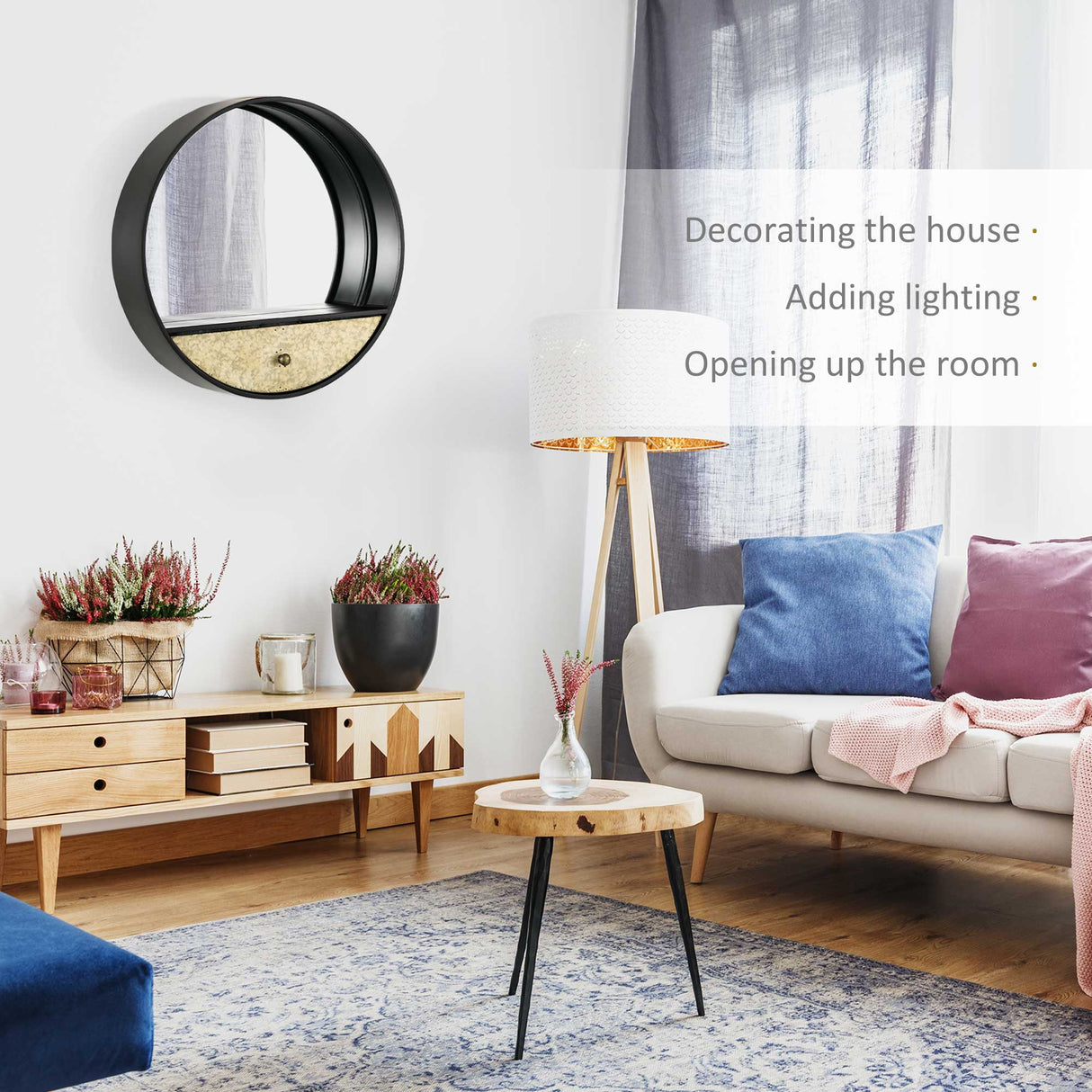 easycomfort easycomfort specchio da parete rotondo da 61cm con cassetto e cornice in metallo nero