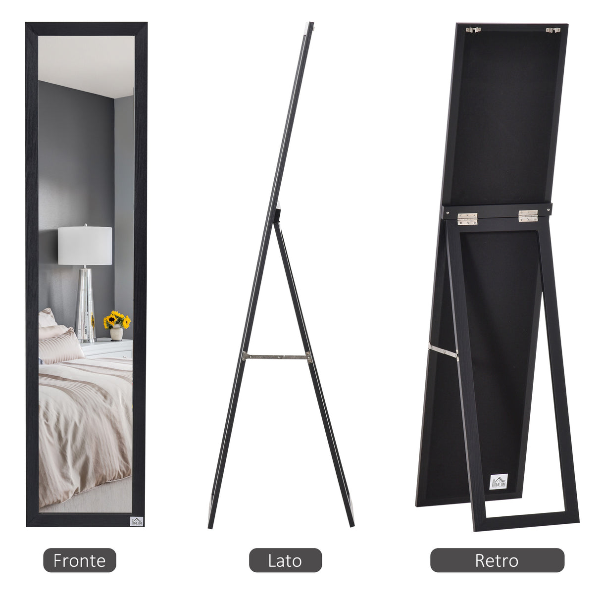 easycomfort easycomfort specchio da terra e parete con supporto richiudibile e cornice in mdf 37x48x152cm nero