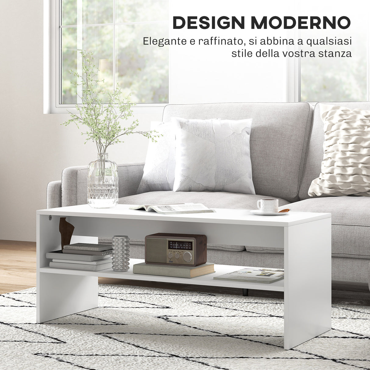 easycomfort easycomfort tavolino da caffe moderno in legno a 2 livelli con ripiano aperto 100x40x41 5 cm bianco