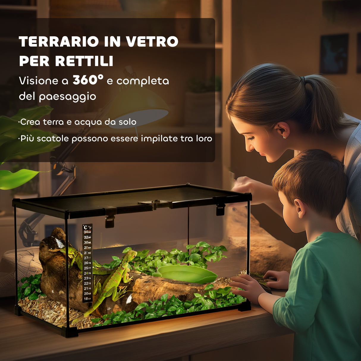 easycomfort easycomfort terrario per rettili rialzato con serratura e termometro in vetro e rete metallica 50x30x25 cm nero