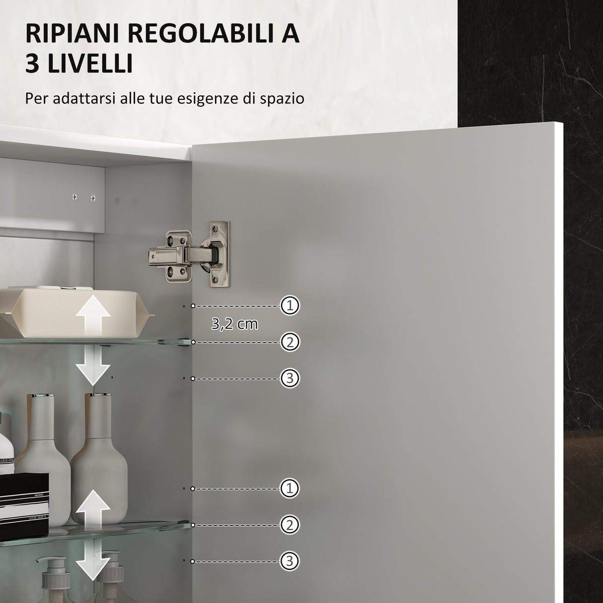 easycomfort easycomfort armadietto bagno da parete in legno con 3 ripiani regolabili in vetro su 3 livelli 40x15x55 cm bianco