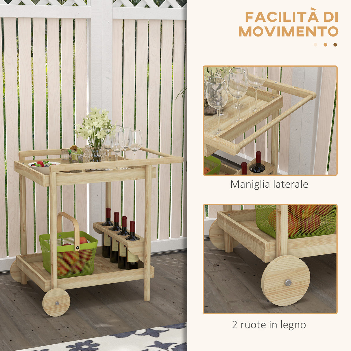 easycomfort easycomfort carrello da giardino a 2 ripiani e 4 spazi portabottiglie in legno di abete 78x58 5x75 cm