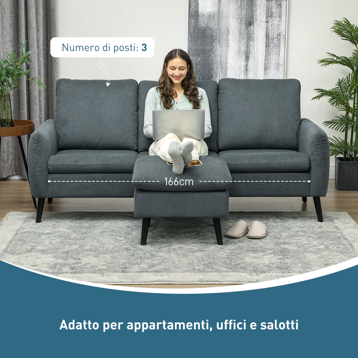easycomfort easycomfort divano 3 posti angolare con chaise longue reversibile in tessuto effetto velluto 196x140x88 cm grigio carbone