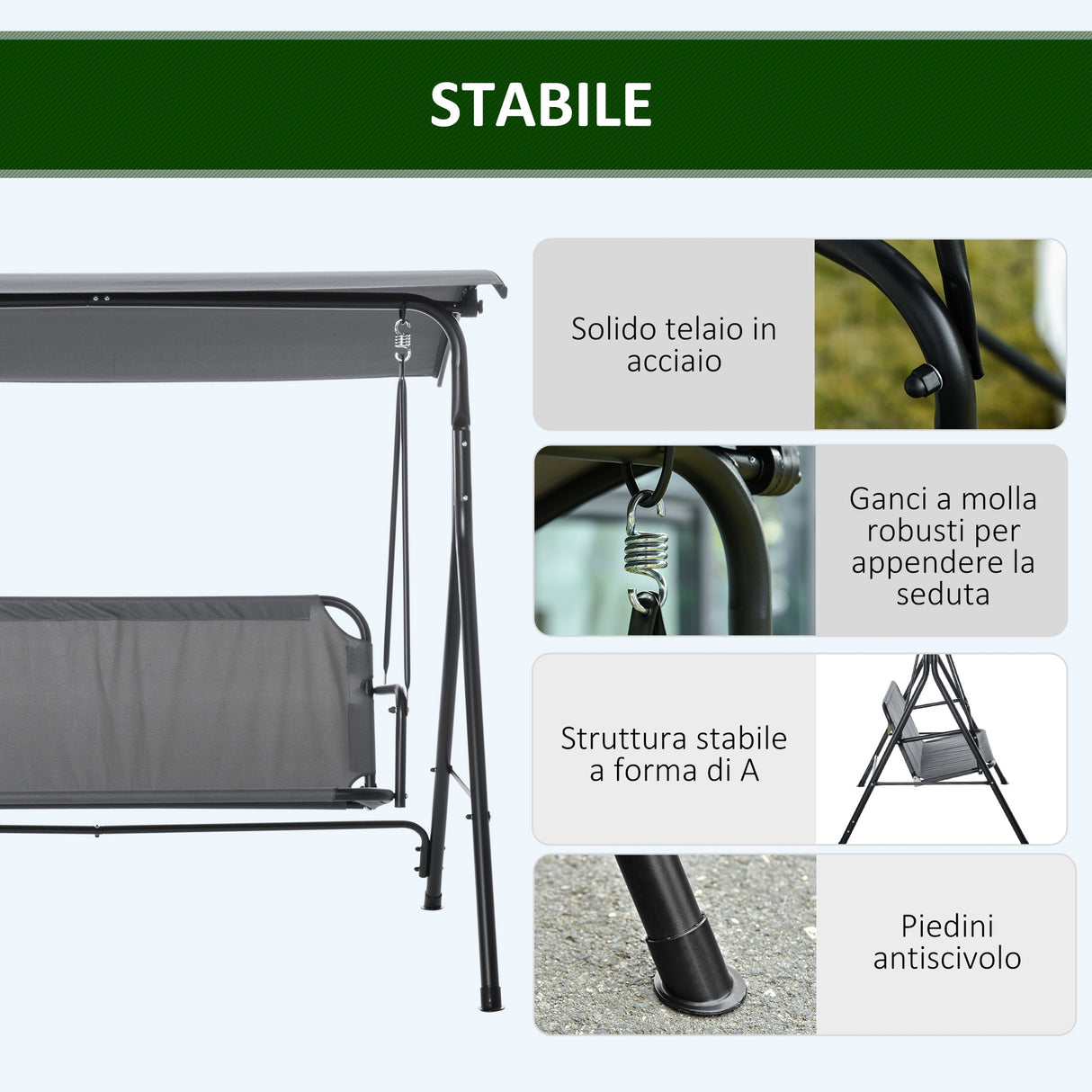 easycomfort easycomfort dondolo 3 posti con tettuccio inclinabile e cuscini in acciaio e poliestere 172x110x153 cm grigio