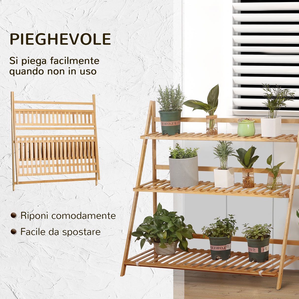 easycomfort easycomfort fioriera da esterno a 3 livelli in bambu con design rialzato e pieghevole 98x37x96 5 cm color legno