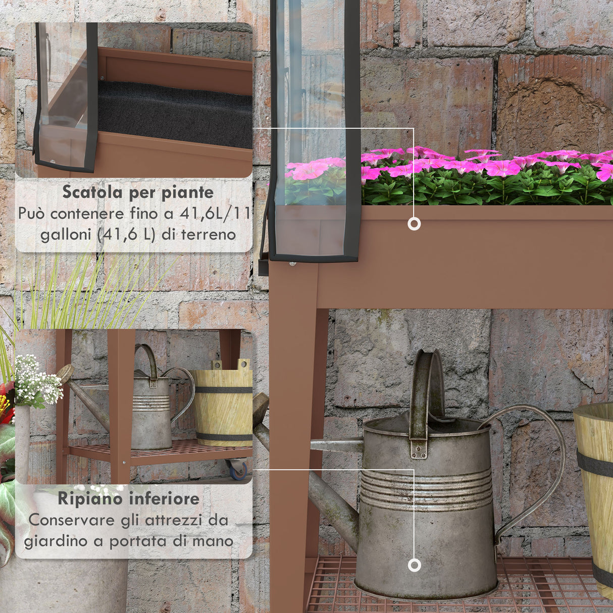 easycomfort easycomfort fioriera rialzata con mini serra per piante ruote e ripiano 80x40x120cm marrone