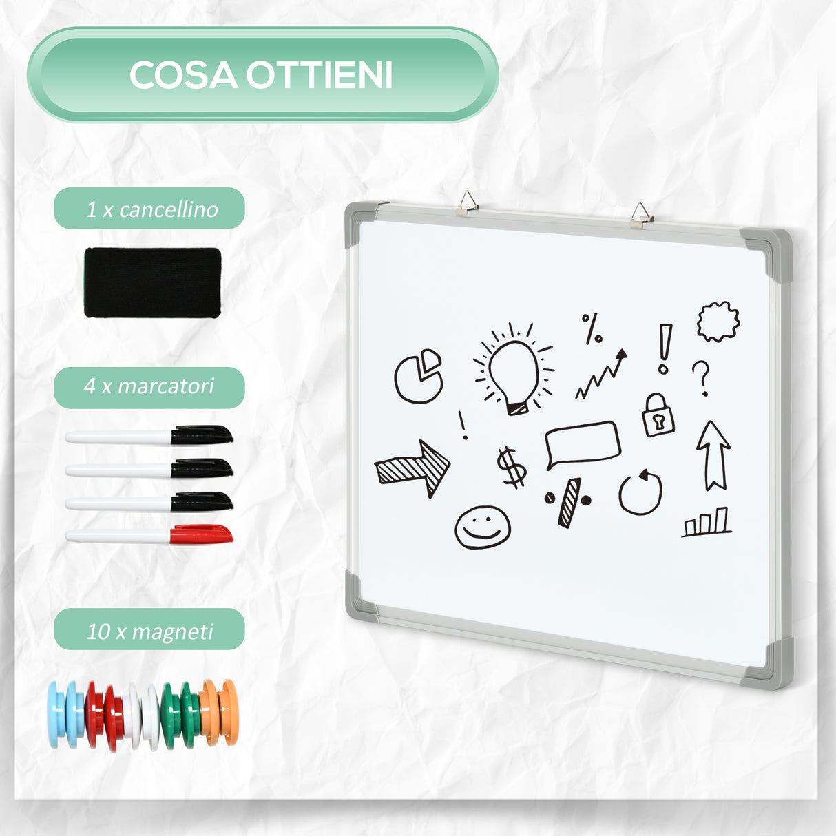easycomfort easycomfort lavagna magnetica da parete con gomma pennarelli e magneti in alluminio 60x1 8x45 cm bianco