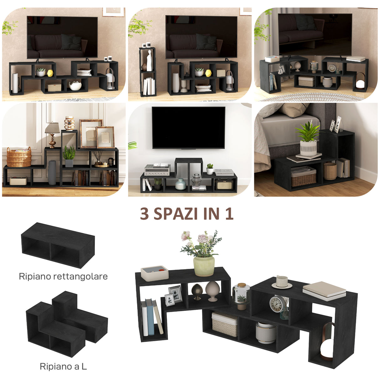 easycomfort easycomfort mobile tv 75 max modulabile con 2 ripiani a l e mensola rettangolare in legno 134 180x30 5x44 cm nero