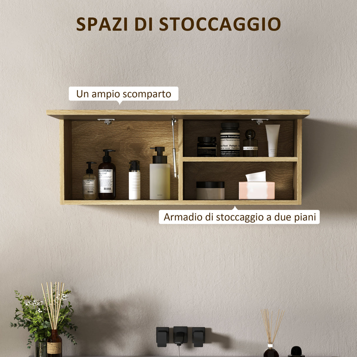 easycomfort easycomfort mobiletto bagno pensile con anta a ribalta e ripiani 80x25x30 cm legno naturale