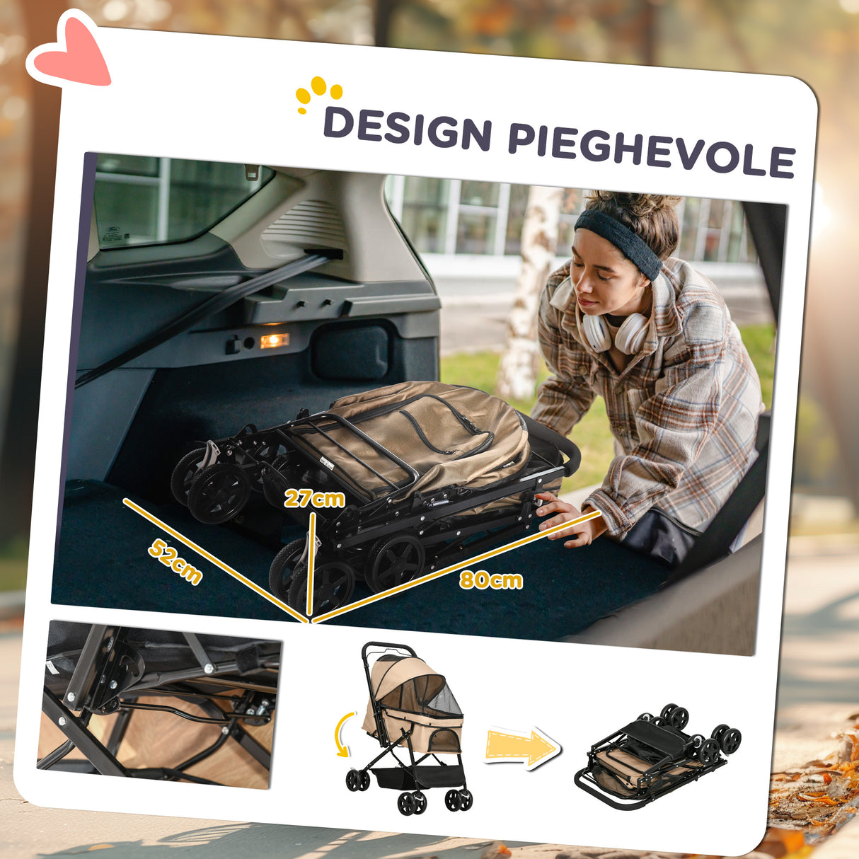 easycomfort easycomfort passeggino per cani piccoli pieghevole con maniglione girevole ruote con freni e cestino marrone