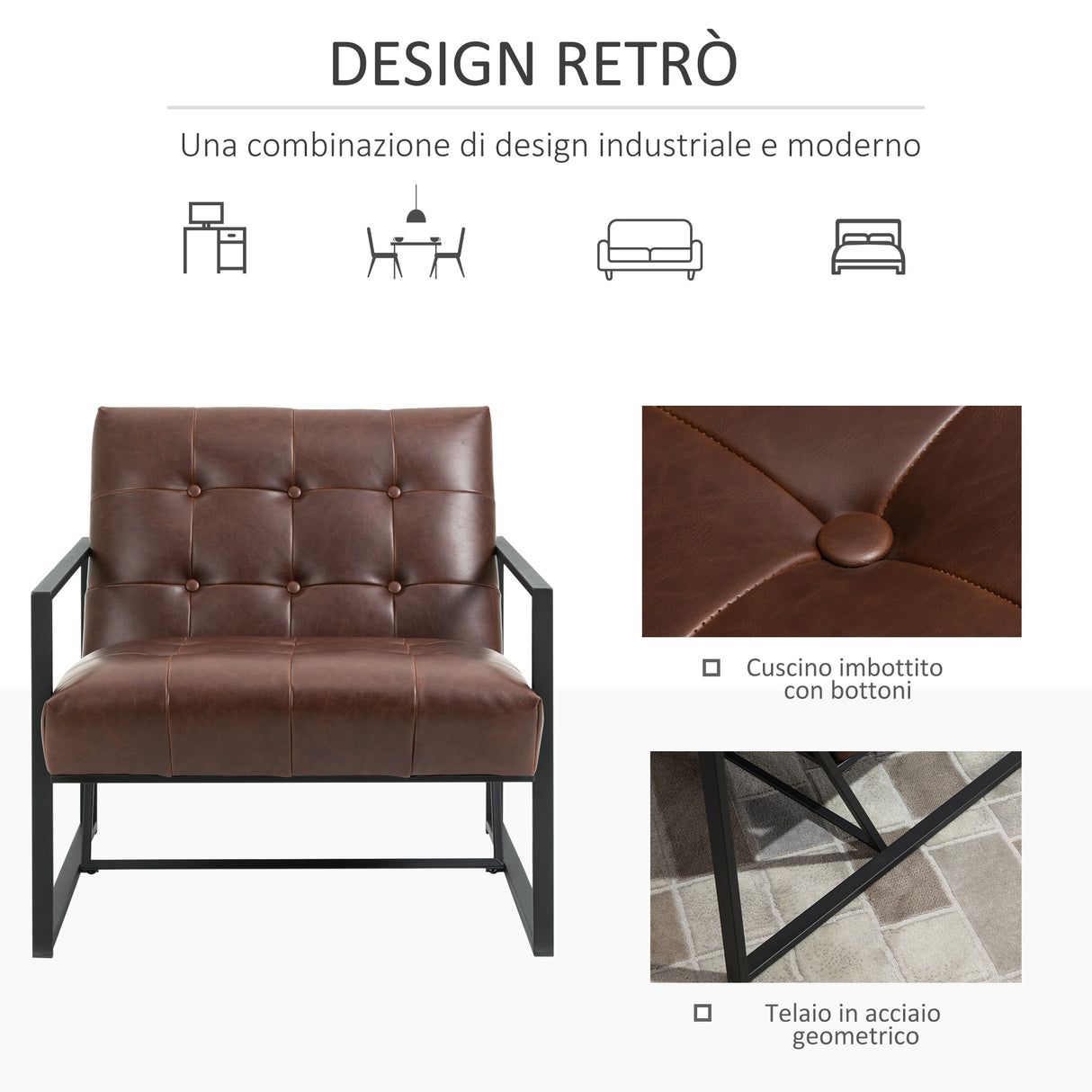 easycomfort easycomfort poltrona imbottita stile industriale trapuntata a bottoni arredamento moderno poltroncina da ingresso in metallo e pu 75x81x78cm marrone