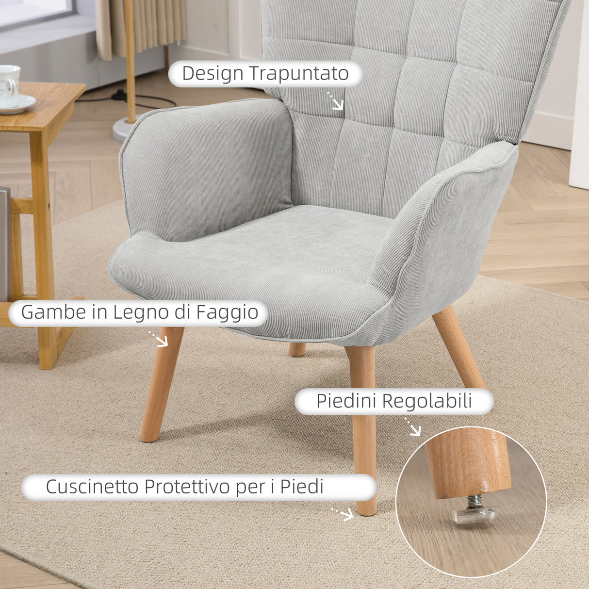 easycomfort easycomfort poltrona relax con pouf poggiapiedi in velluto a costine con schienale alto e braccioli grigio