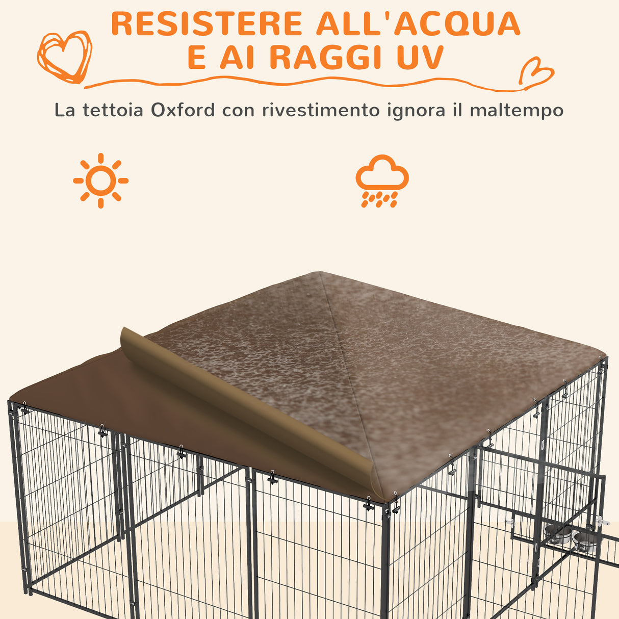 easycomfort easycomfort recinto per cani in metallo e tessuto oxford con porticina per ciotole 211x211x151 cm nero e marrone