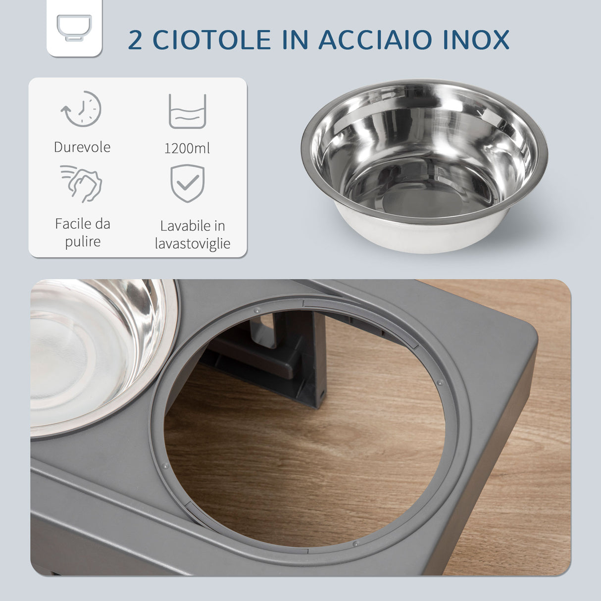 easycomfort easycomfort set 2 ciotole per cani da 1 2l con gambe rimovibili in abs e acciaio 44x27 7x28 cm grigio e argento