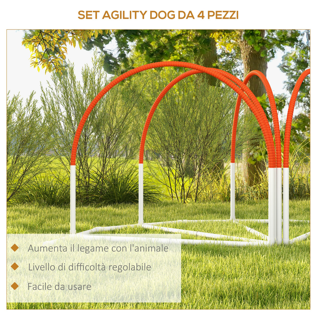 easycomfort easycomfort set agility dog 4 pezzi con 4 picchetti e borsa da trasporto in pe e abs 89x69x99 cm bianco e arancione